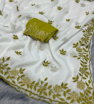 सॉफ्ट ऑर्गंझा साडी – सूक्ष्म पान-मोती floral एम्ब्रॉइडरीसह